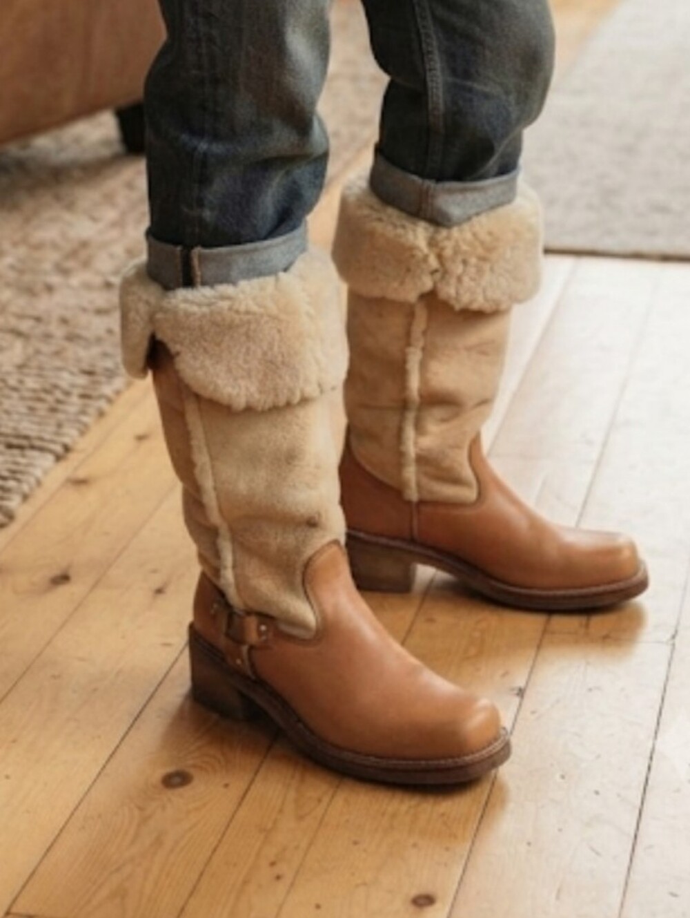 Vintage Women Harness Tall Suede Leather Fur Square Toe Heels Boots Sz 8.5